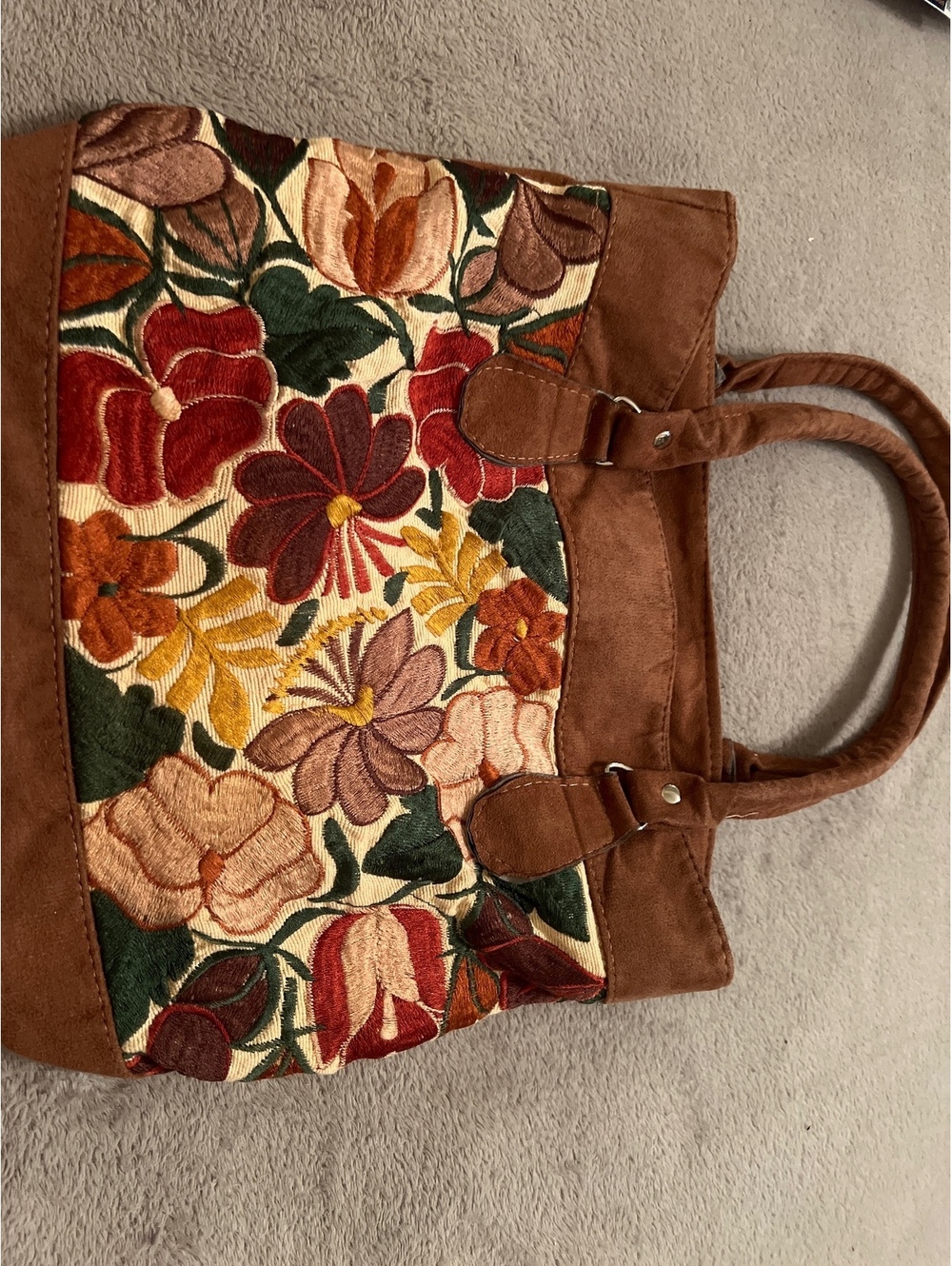 Brown Suede and Floral Embroidered Tote Bag